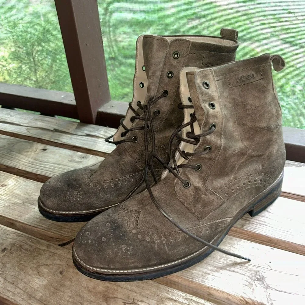 ECCO Wingtip Service Boots Mens 12 EU 45 Brown Suede Lace Up